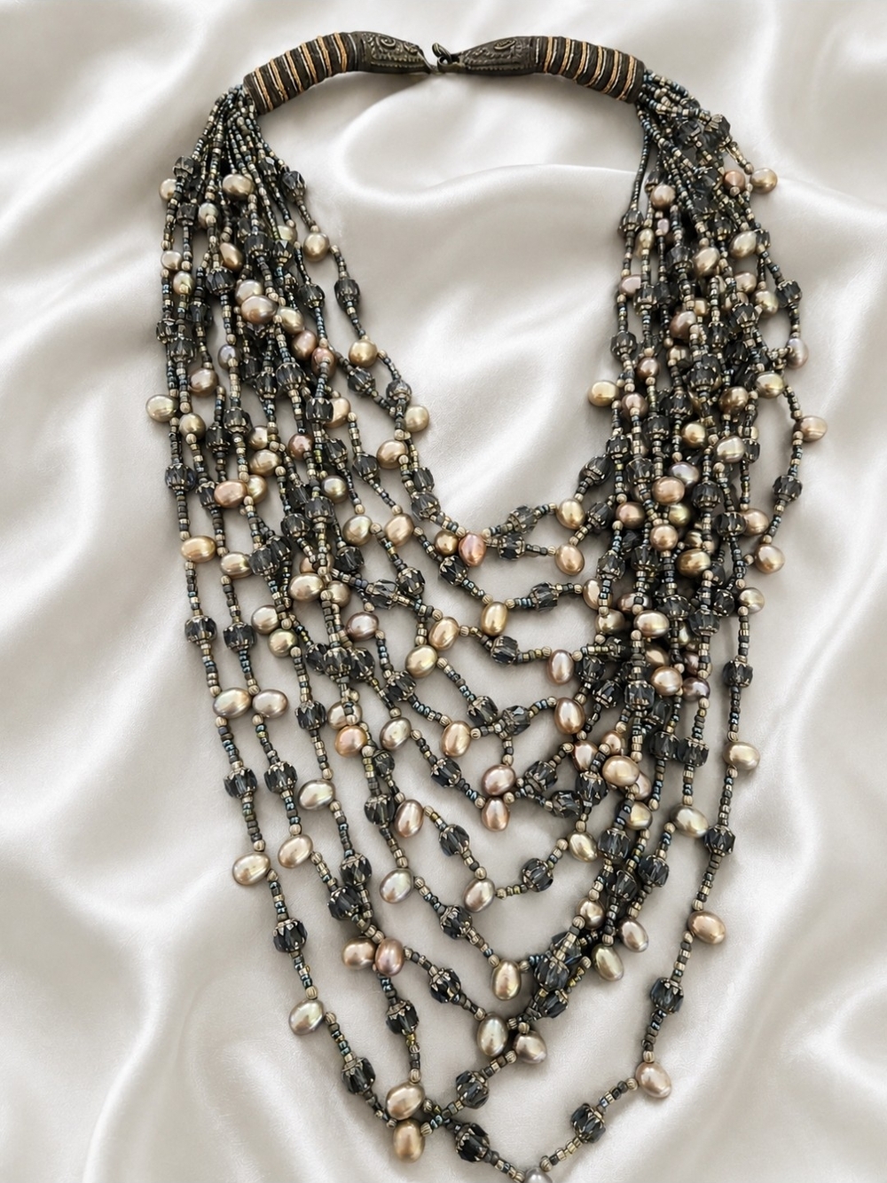 Artisan Multi Strand Freshwater Pearl Statement Necklace Boho Estate Art